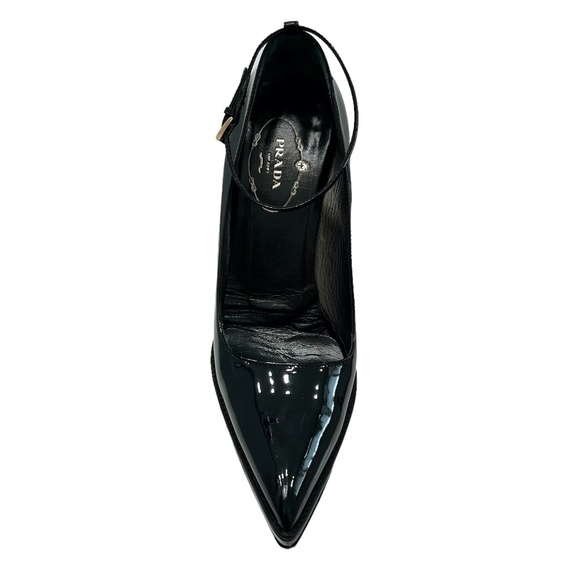 PRADA BLACK PATENT LEATHER POINTED TOE ANKLE STRAP PLATFORM STILETTO HEELS - Picture 6 of 16